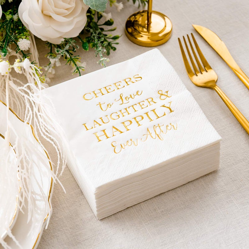 Crisky 3-Ply 50 Count Bridal Shower Napkins Disposable Cocktail Napkins Gold Foil Text Beverage Napkins for Engagement Party Decorations & Wedding Shower - Image 5